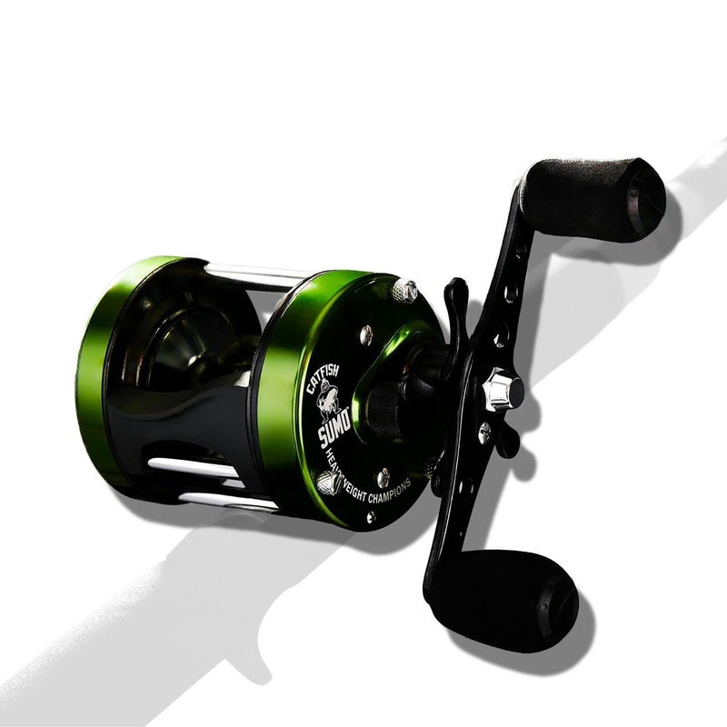 Catfish Sumo Heavyweight Champions Catfish Baitcaster Reel â€“ Round with Loud Bait Clicker, Steel Bearings, Carbon Disc Drag, Thickened Metal for Big Cat Fish + Power Handle + Neoprene Cover (Right-Side Retrieve) - Image 1